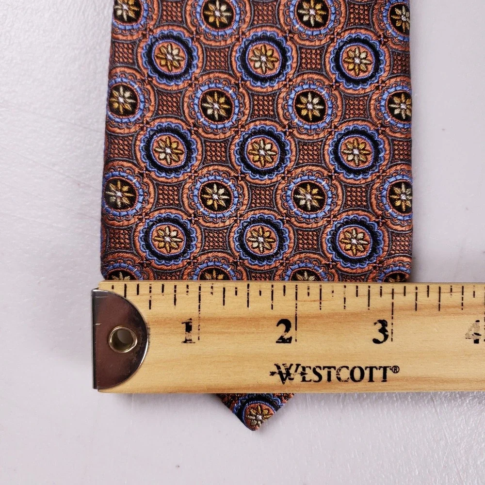 JZ Richards Silk Necktie Geometric Medallion Orange‎ Blue Mens Classic Tie